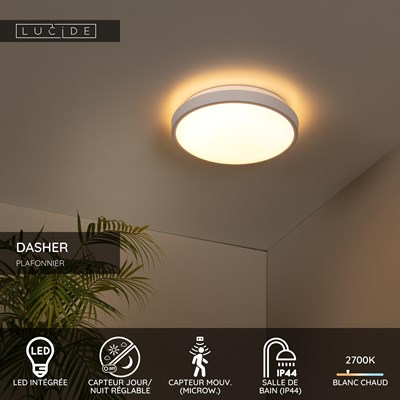 Lucide DASHER - Plafonnier Salle de bains - Ø 29,3 cm - LED - 1x12W 2700K - IP44- Détecteur De Mouvement & Jour/Nuit - Blanc
